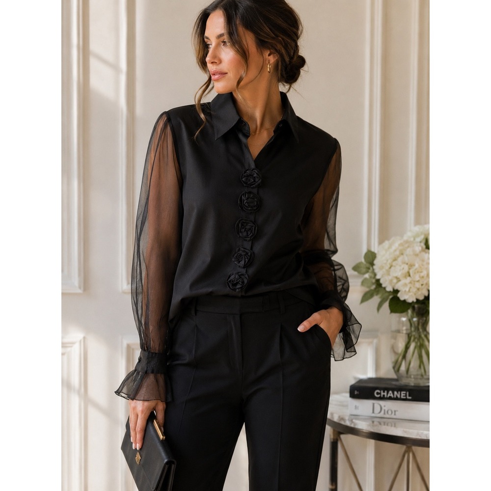 Anne Fontaine Rosa Organdi Black Rosette Sheer Sleeve Blouse Size 4 XL